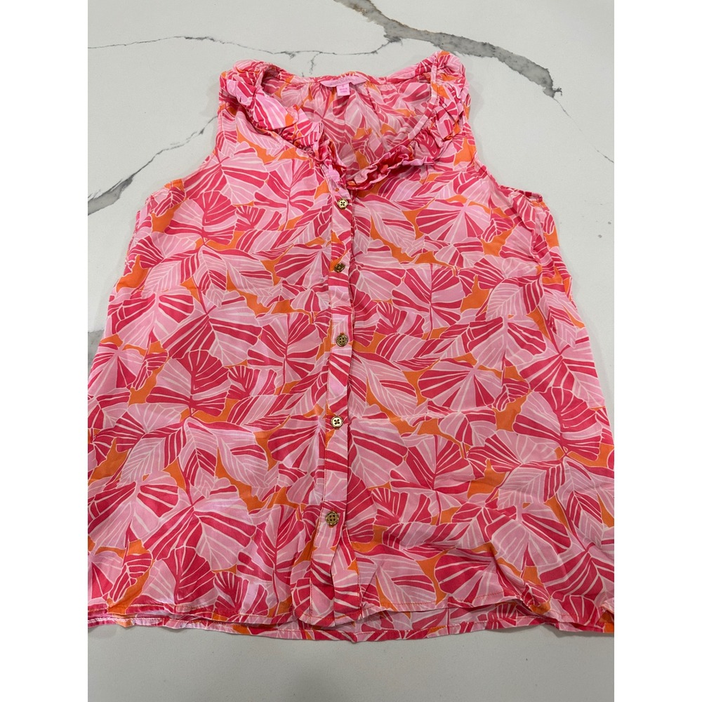 Lilly Pulitzer Pink Orange Tropical Leaf Silk‎ Ruffle Button Front Top Sz 6